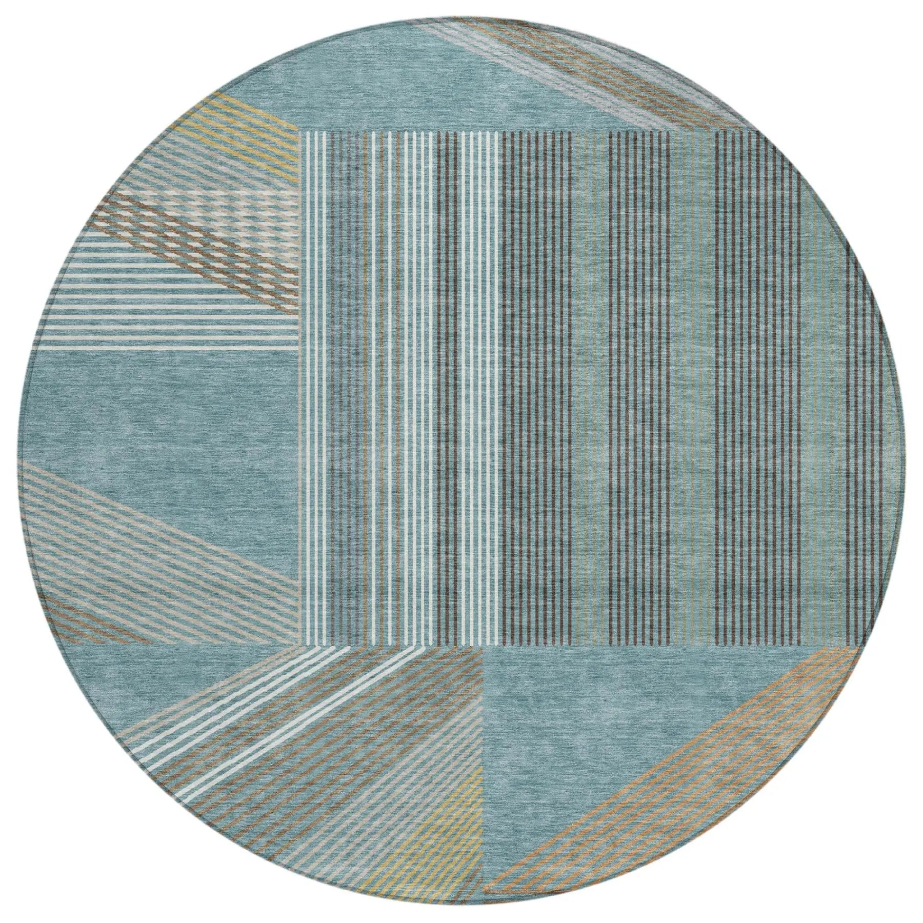 8' Teal Blue And Graphite Round Geometric Washable Indoor Outdoor Area Rug Homeroots Outdoor