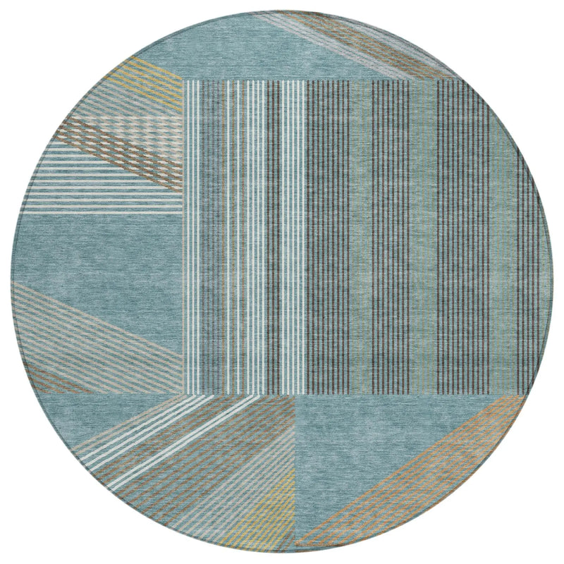 8' Teal Blue And Graphite Round Geometric Washable Indoor Outdoor Area Rug Homeroots Outdoor
