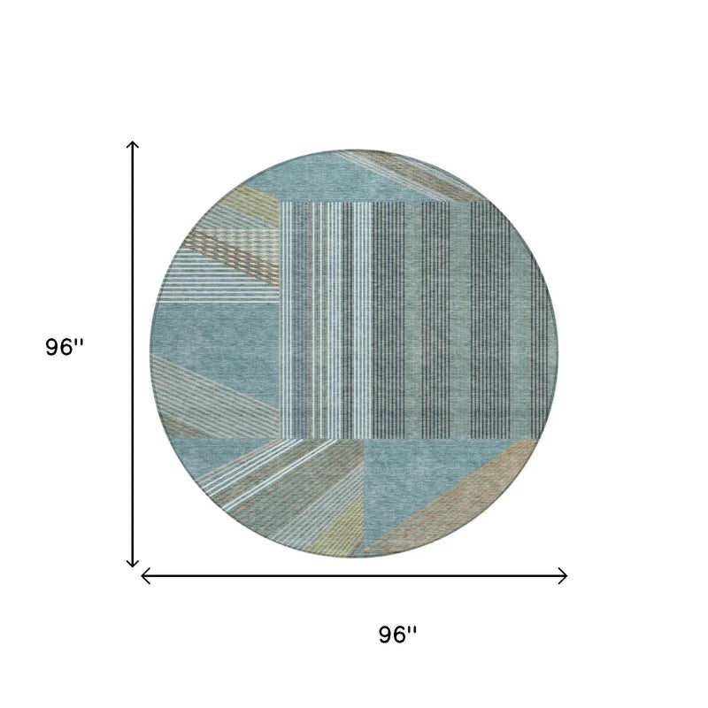 8' Teal Blue And Graphite Round Geometric Washable Indoor Outdoor Area Rug Homeroots Outdoor