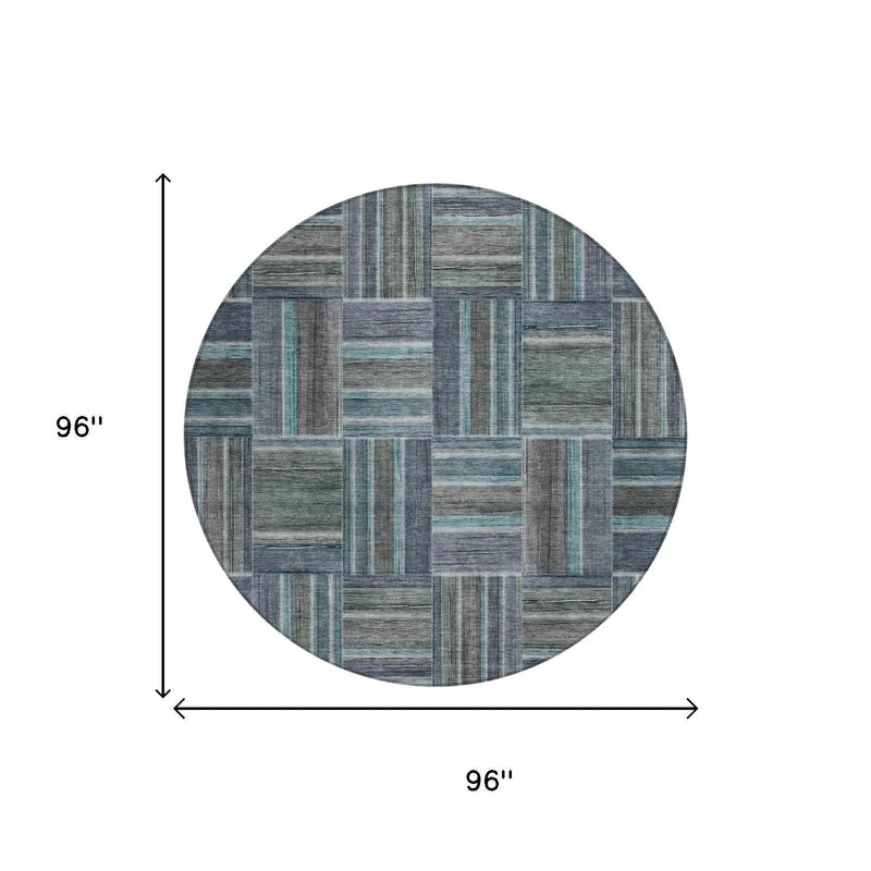 8' Teal Blue And Graphite Round Geometric Washable Indoor Outdoor Area Rug Homeroots Outdoor