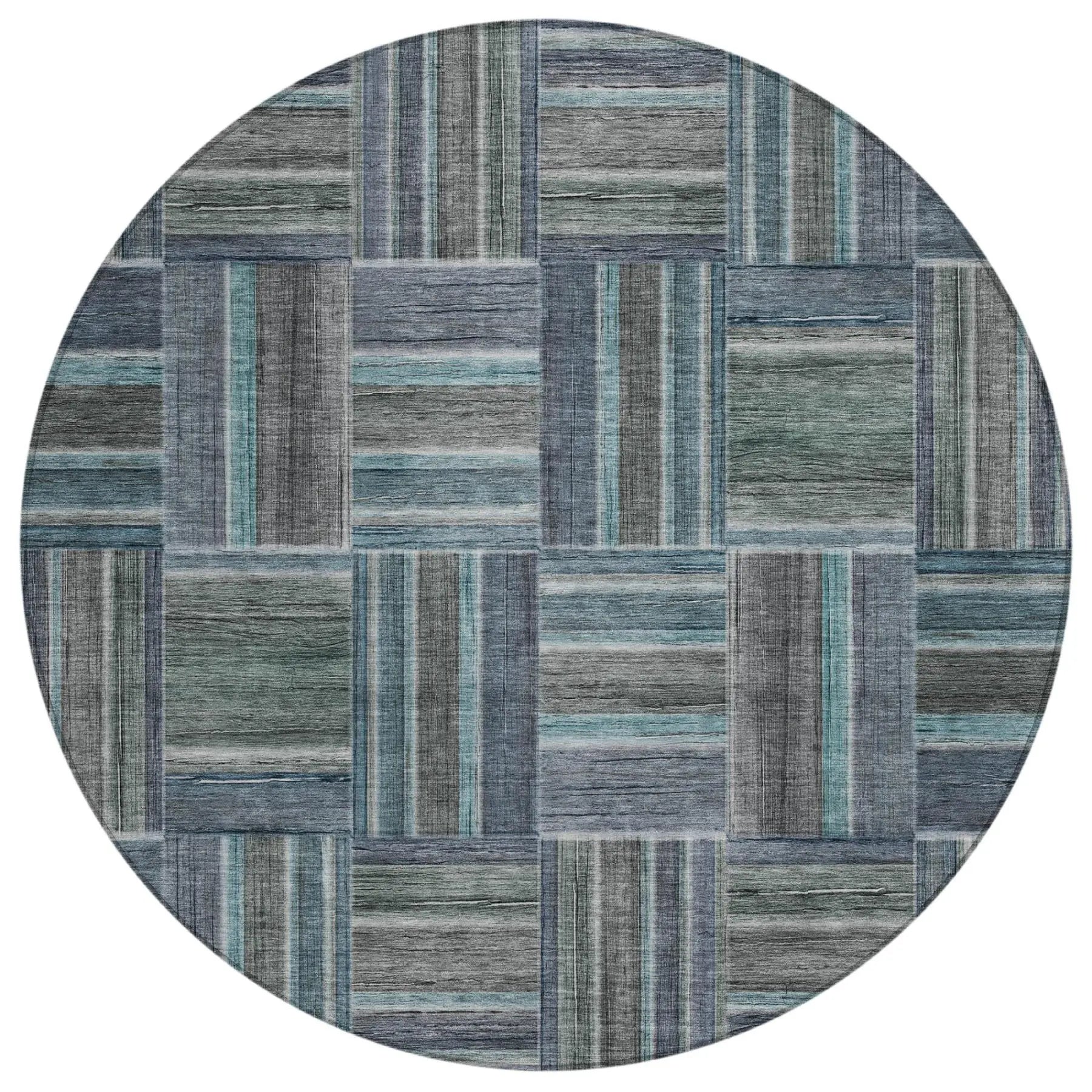 8' Teal Blue And Graphite Round Geometric Washable Indoor Outdoor Area Rug Homeroots Outdoor