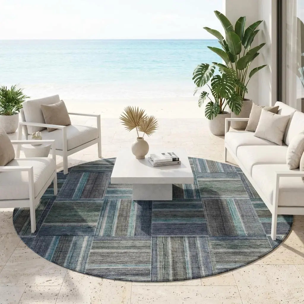 8' Teal Blue And Graphite Round Geometric Washable Indoor Outdoor Area Rug Homeroots Outdoor