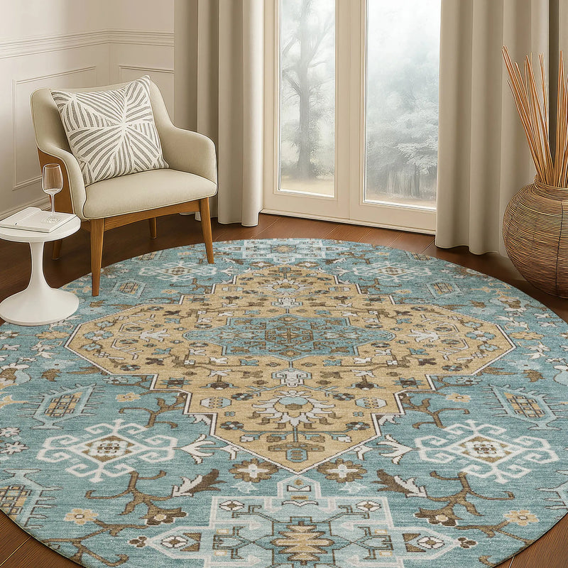 8' Teal Blue And Graphite Round Medallion Washable Indoor Outdoor Area Rug Homeroots Outdoor