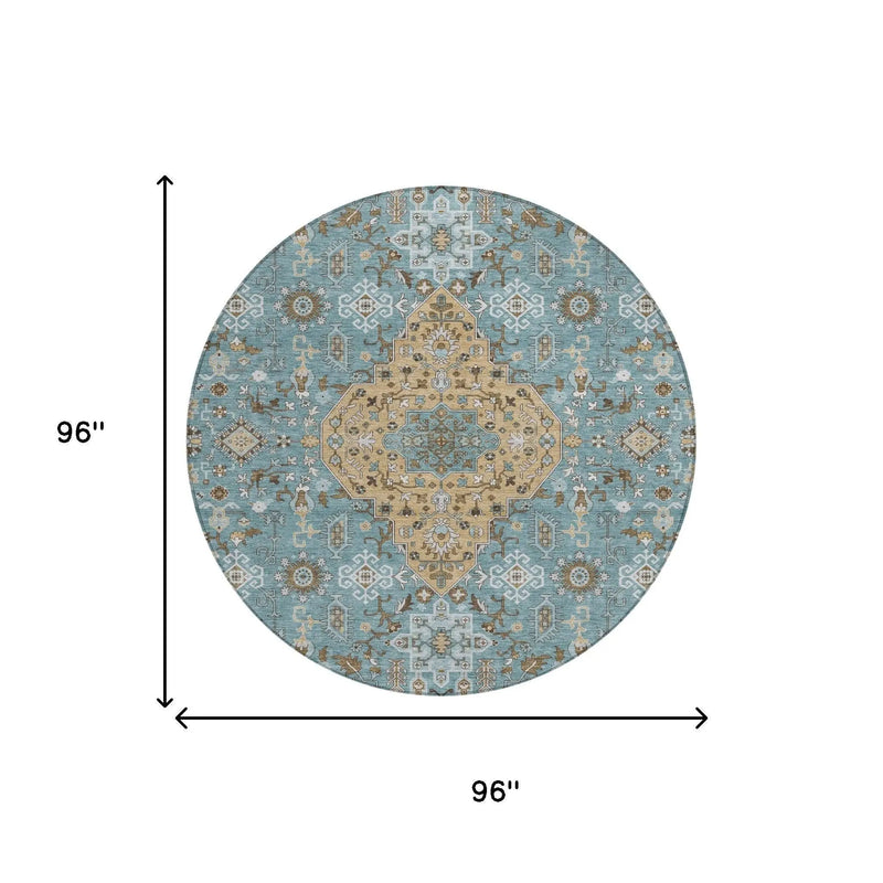 8' Teal Blue And Graphite Round Medallion Washable Indoor Outdoor Area Rug Homeroots Outdoor