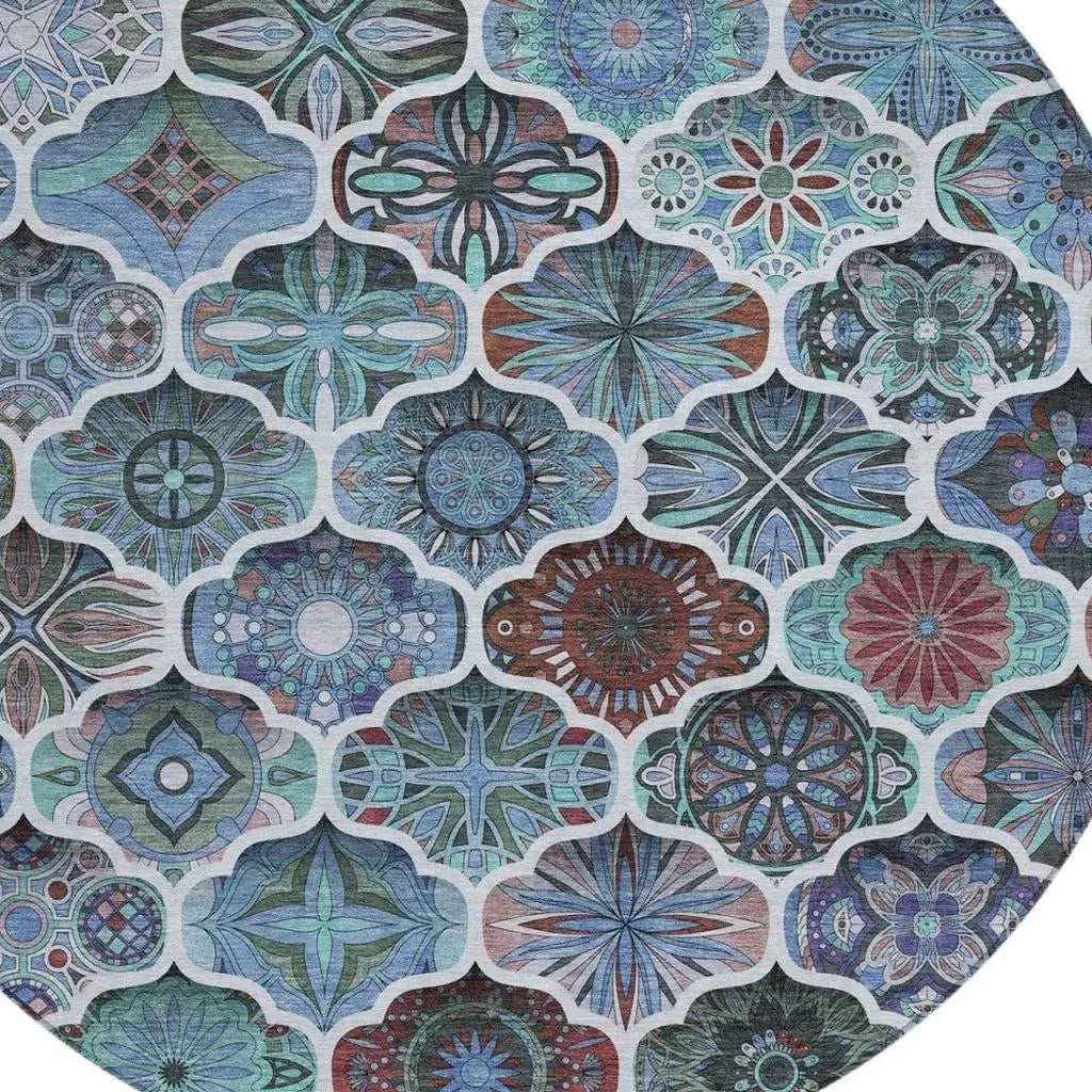 8' Teal Blue And Graphite Round Ogee Washable Indoor Outdoor Area Rug Homeroots Outdoor