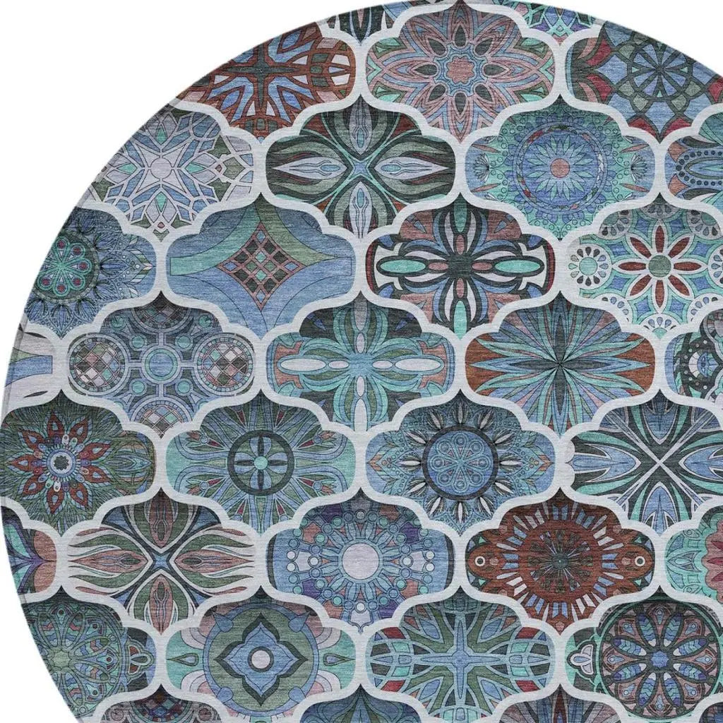 8' Teal Blue And Graphite Round Ogee Washable Indoor Outdoor Area Rug Homeroots Outdoor