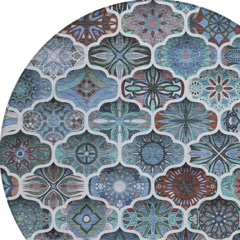 8' Teal Blue And Graphite Round Ogee Washable Indoor Outdoor Area Rug Homeroots Outdoor