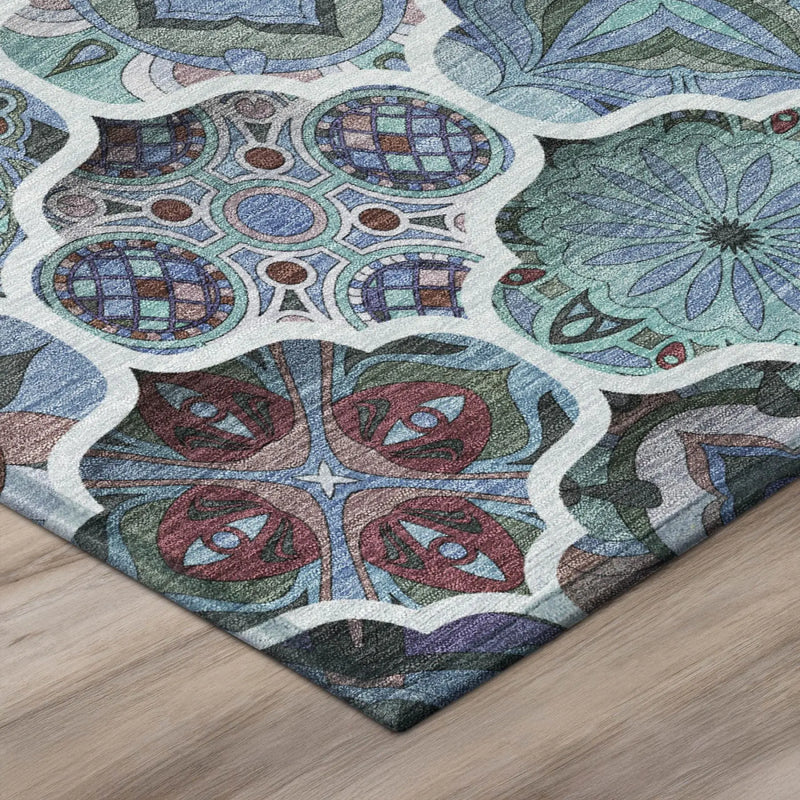 8' Teal Blue And Graphite Round Ogee Washable Indoor Outdoor Area Rug Homeroots Outdoor
