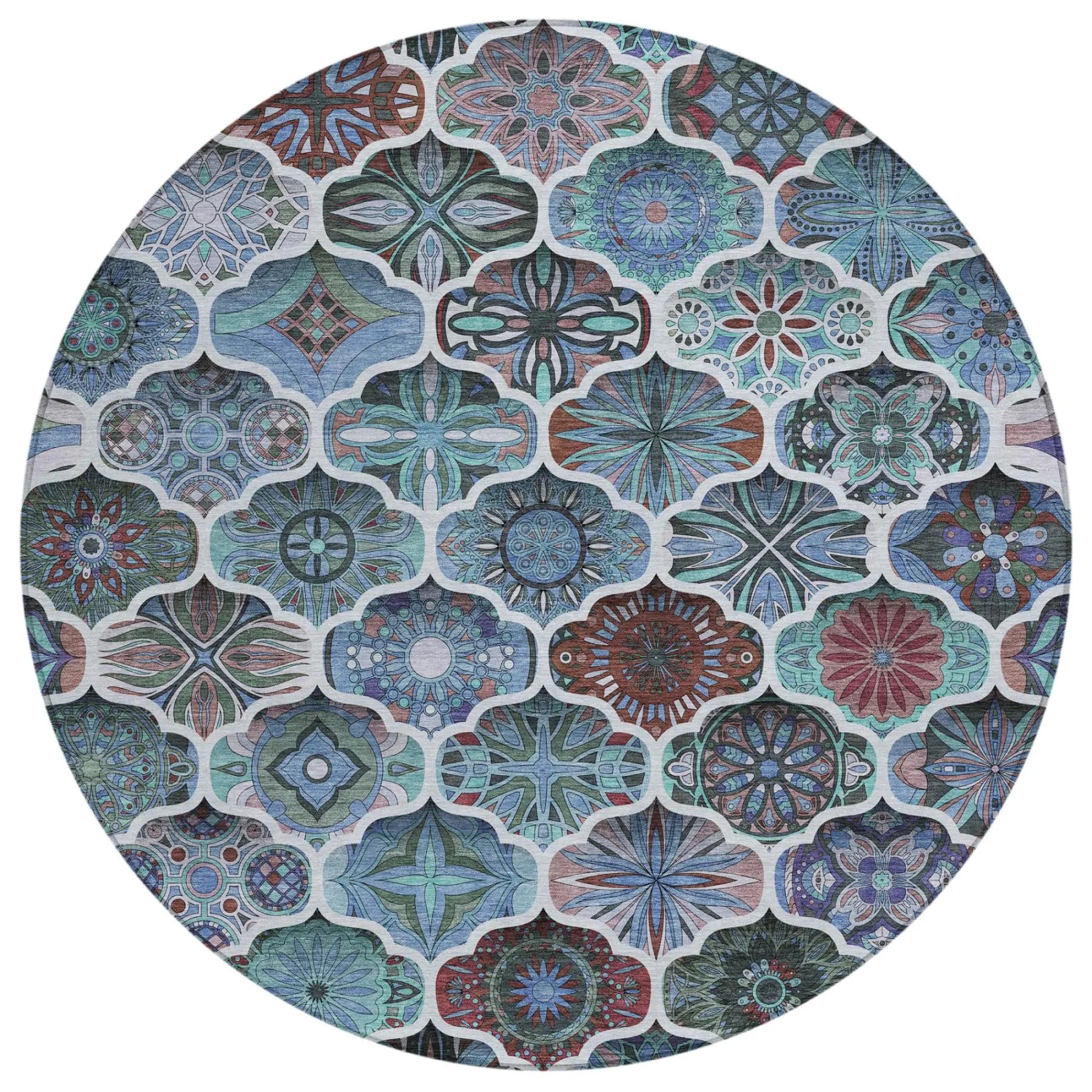 8' Teal Blue And Graphite Round Ogee Washable Indoor Outdoor Area Rug Homeroots Outdoor