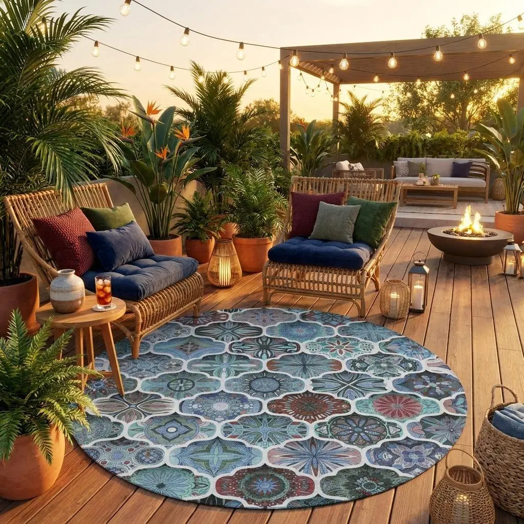 8' Teal Blue And Graphite Round Ogee Washable Indoor Outdoor Area Rug Homeroots Outdoor