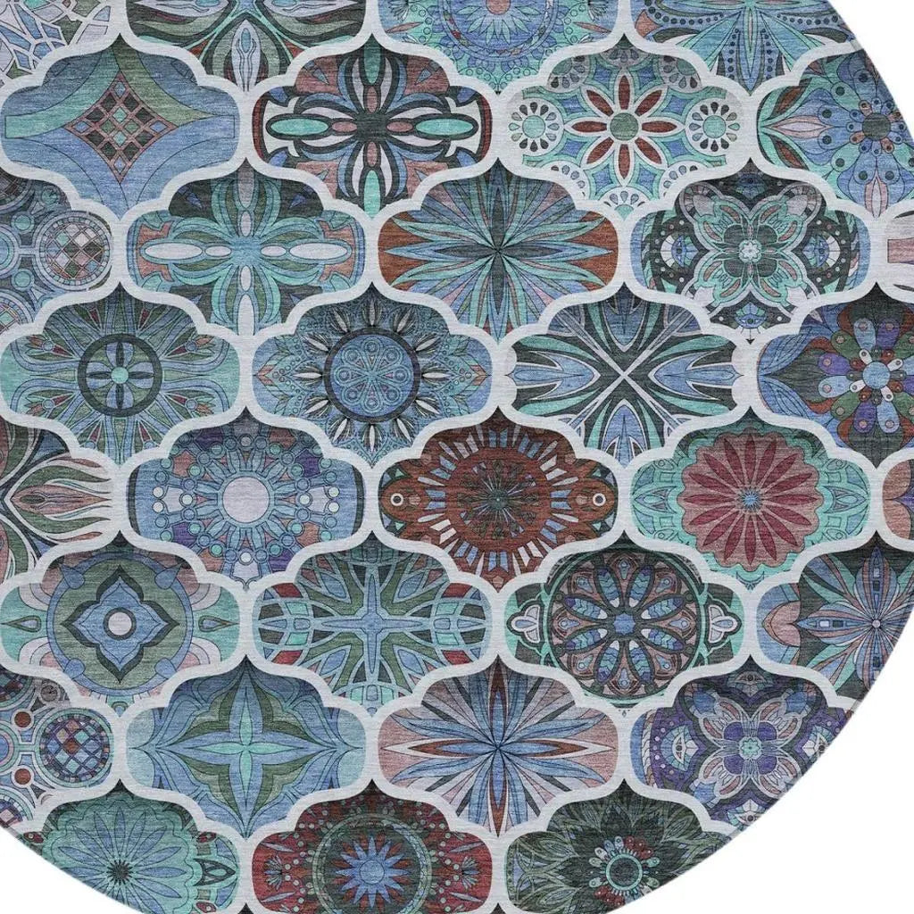 8' Teal Blue And Graphite Round Ogee Washable Indoor Outdoor Area Rug Homeroots Outdoor