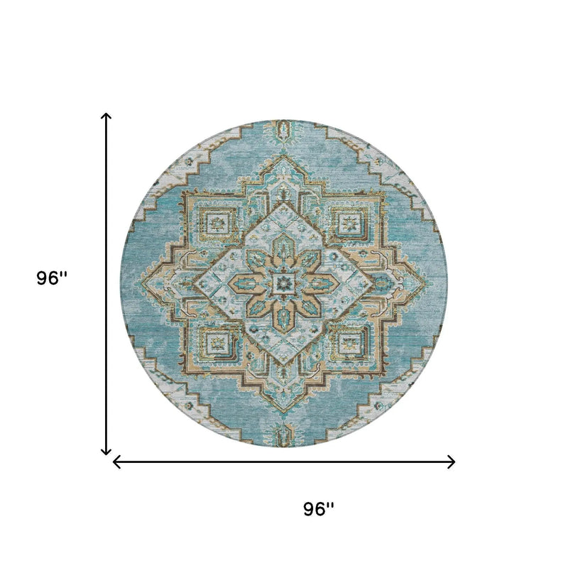 8' Teal Blue And Graphite Round Oriental Washable Indoor Outdoor Area Rug Homeroots Outdoor