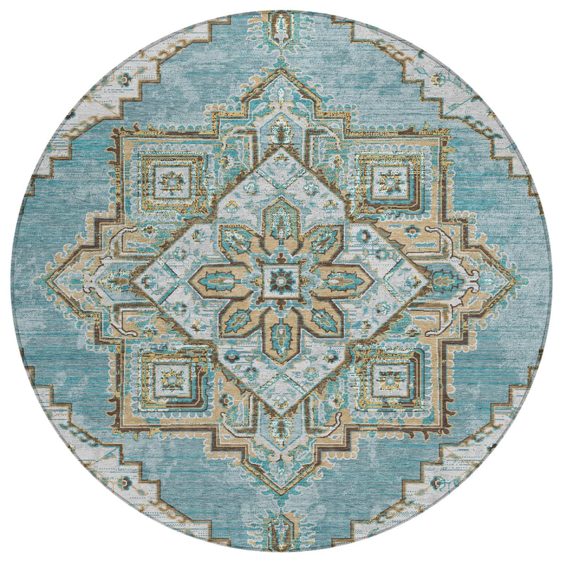 8' Teal Blue And Graphite Round Oriental Washable Indoor Outdoor Area Rug Homeroots Outdoor