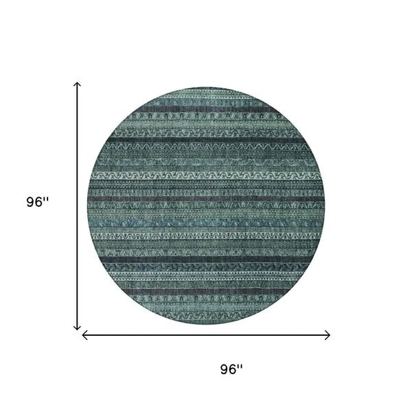 8' Teal Blue And Graphite Round Striped Washable Indoor Outdoor Area Rug Homeroots Outdoor
