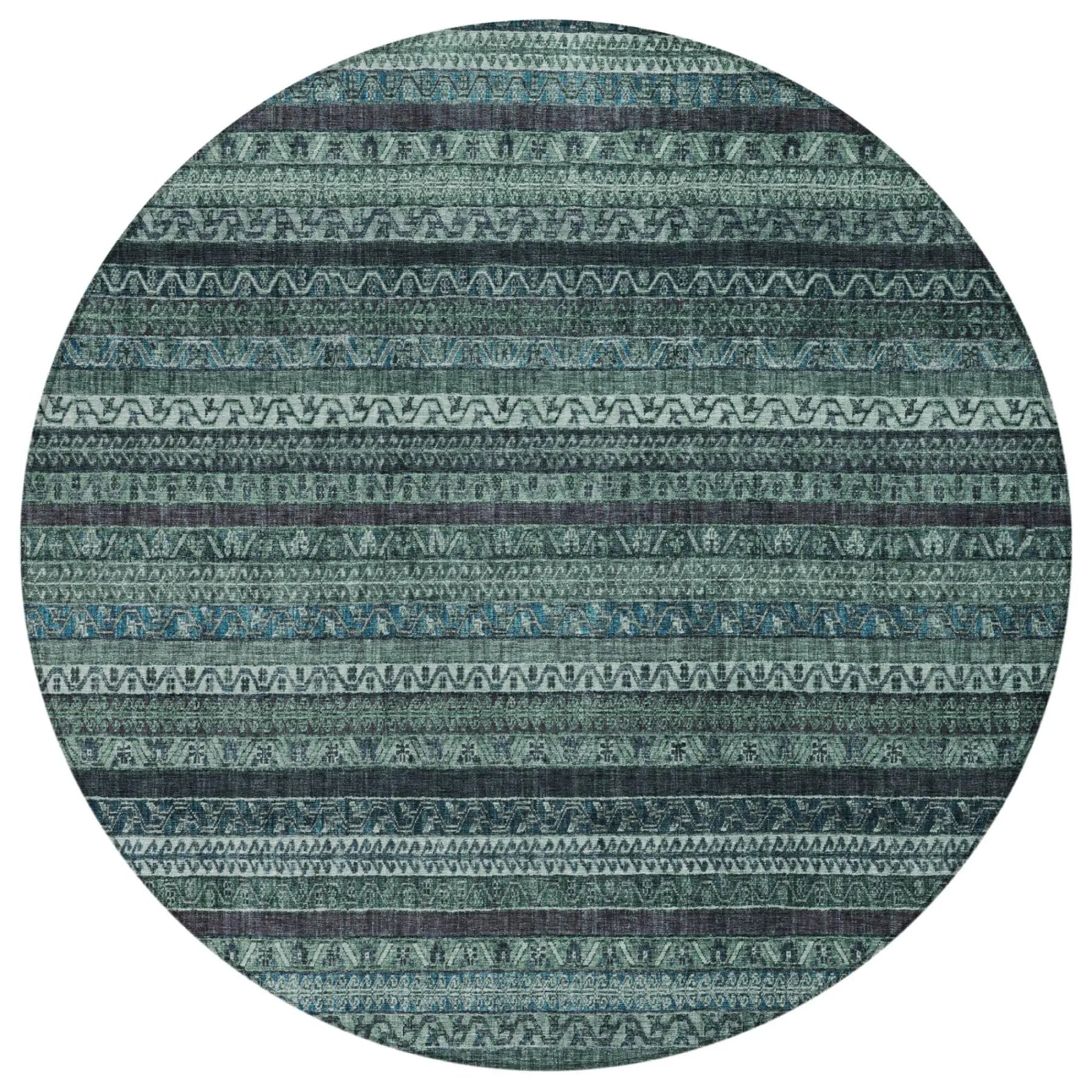 8' Teal Blue And Graphite Round Striped Washable Indoor Outdoor Area Rug Homeroots Outdoor