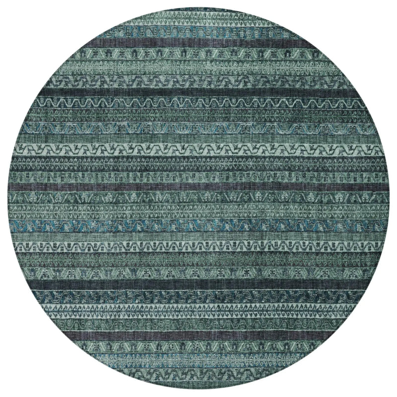 8' Teal Blue And Graphite Round Striped Washable Indoor Outdoor Area Rug Homeroots Outdoor