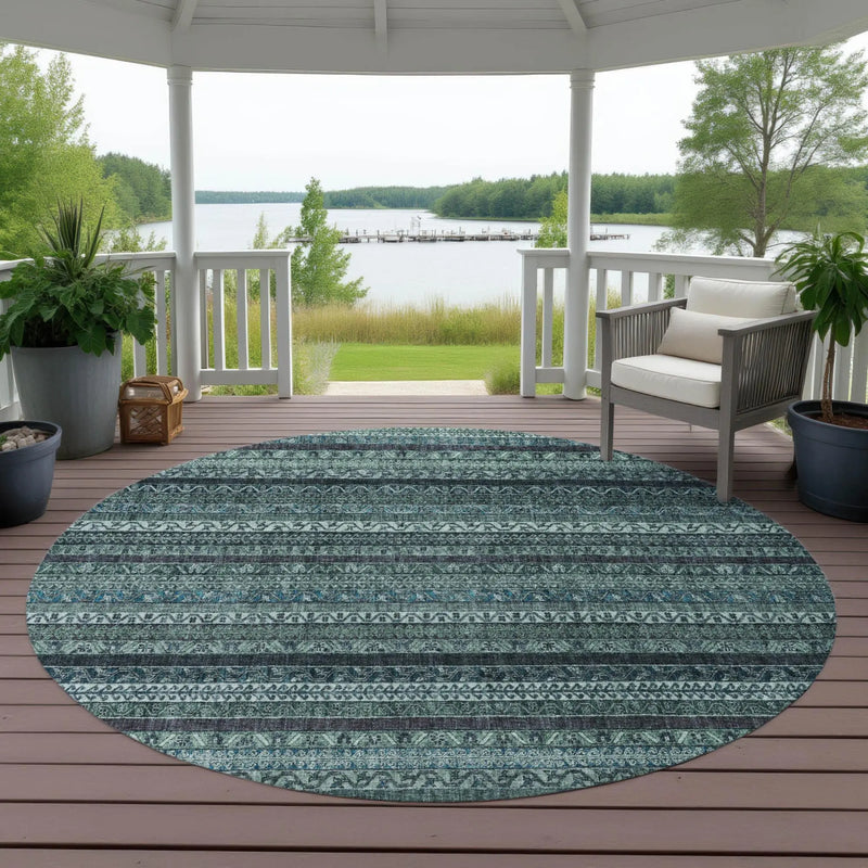 8' Teal Blue And Graphite Round Striped Washable Indoor Outdoor Area Rug Homeroots Outdoor