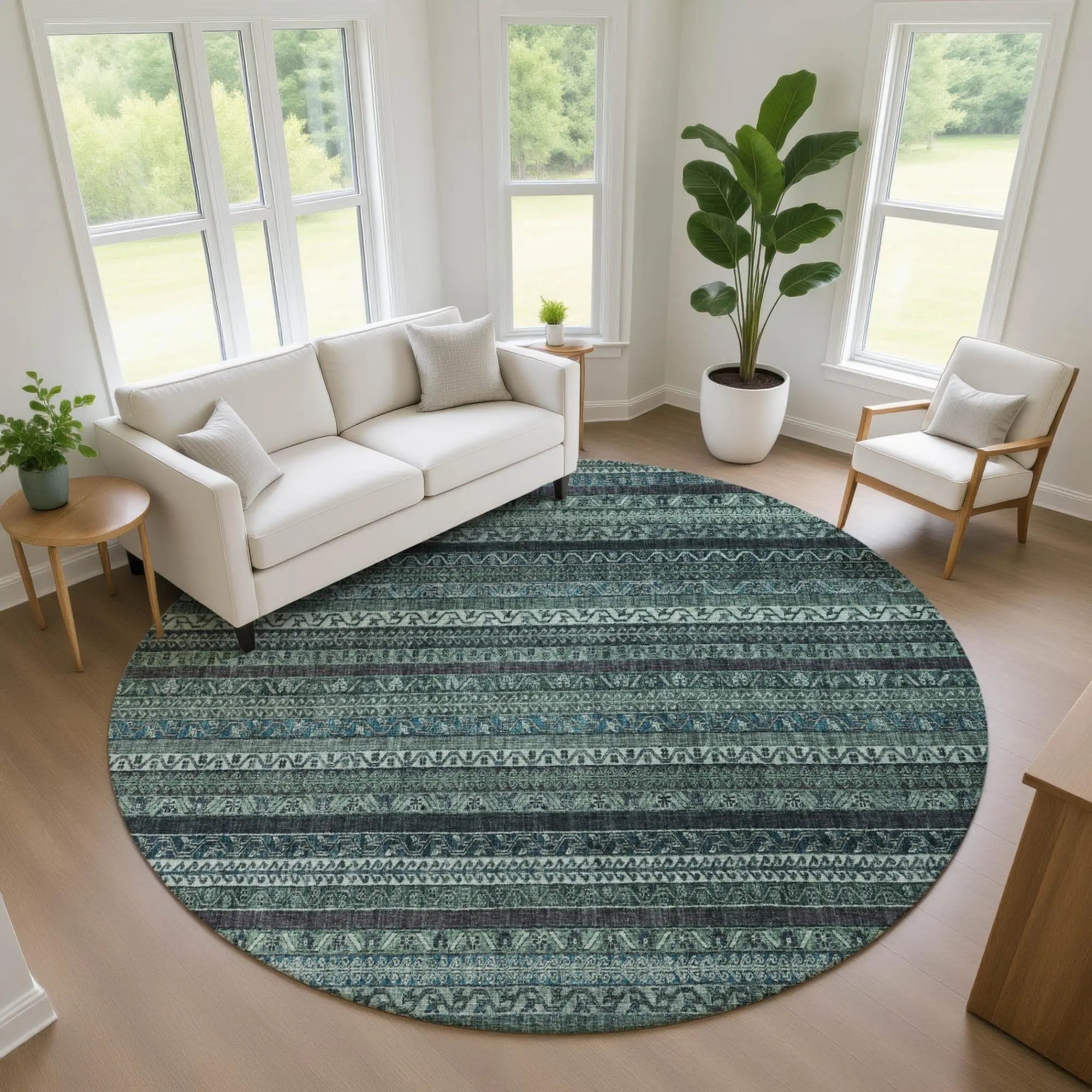 8' Teal Blue And Graphite Round Striped Washable Indoor Outdoor Area Rug Homeroots Outdoor