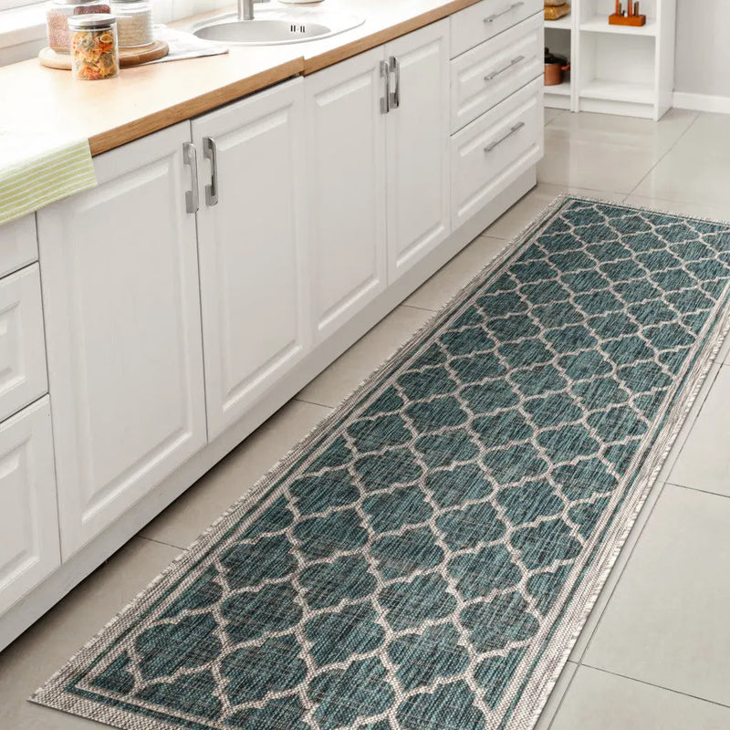 8' Teal Blue And Gray Geometric Indoor Outdoor Runner Rug Homeroots Outdoor