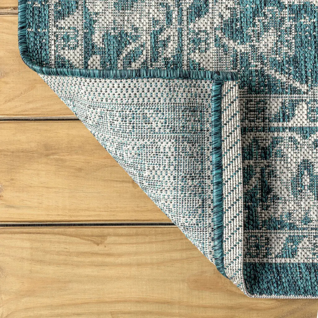8' Teal Blue And Gray Medallion Indoor Outdoor Runner Rug Homeroots Outdoor