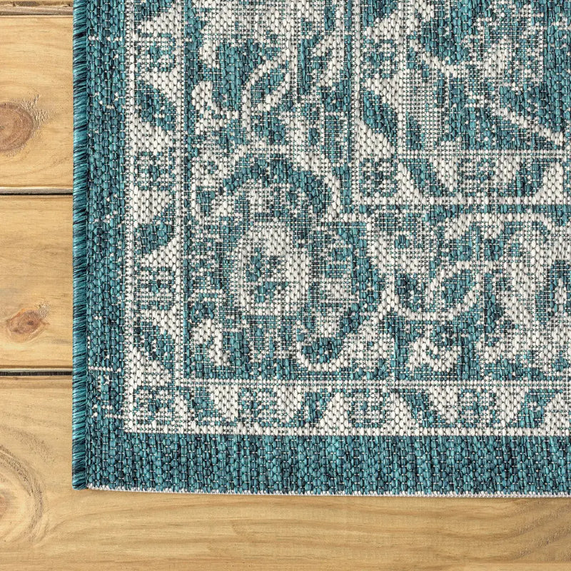 8' Teal Blue And Gray Medallion Indoor Outdoor Runner Rug Homeroots Outdoor