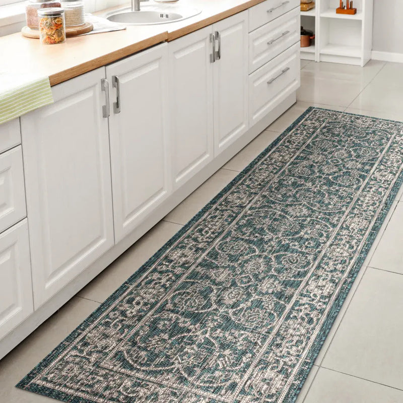 8' Teal Blue And Gray Medallion Indoor Outdoor Runner Rug Homeroots Outdoor