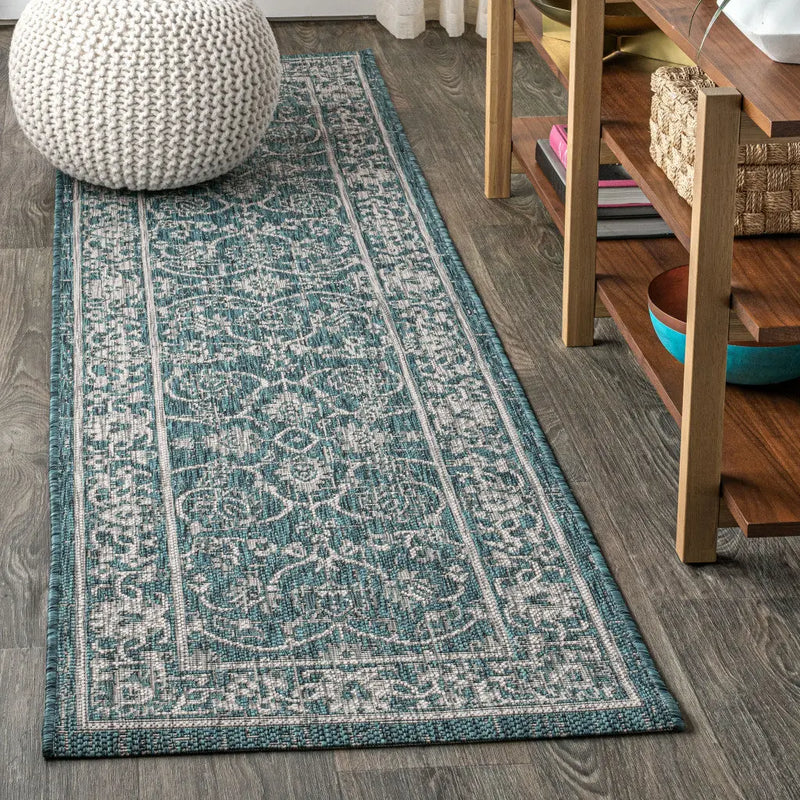 8' Teal Blue And Gray Medallion Indoor Outdoor Runner Rug Homeroots Outdoor