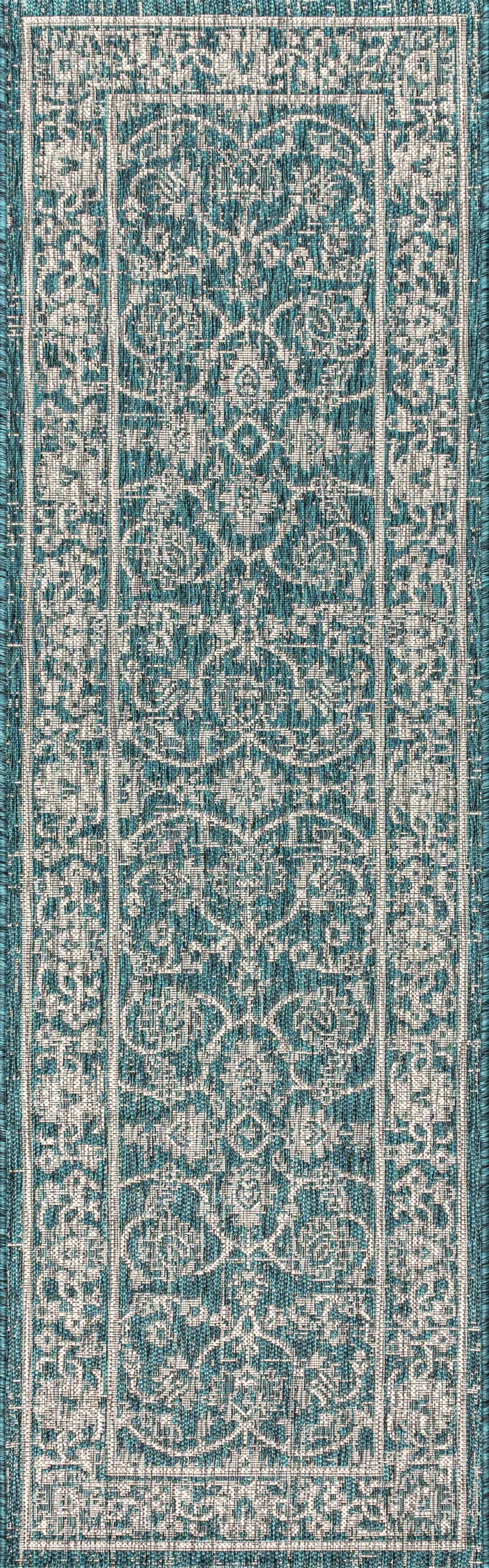 8' Teal Blue And Gray Medallion Indoor Outdoor Runner Rug Homeroots Outdoor