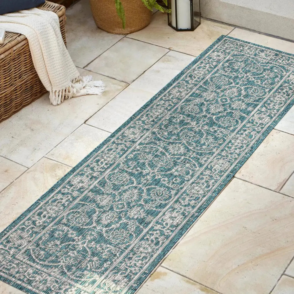 8' Teal Blue And Gray Medallion Indoor Outdoor Runner Rug Homeroots Outdoor