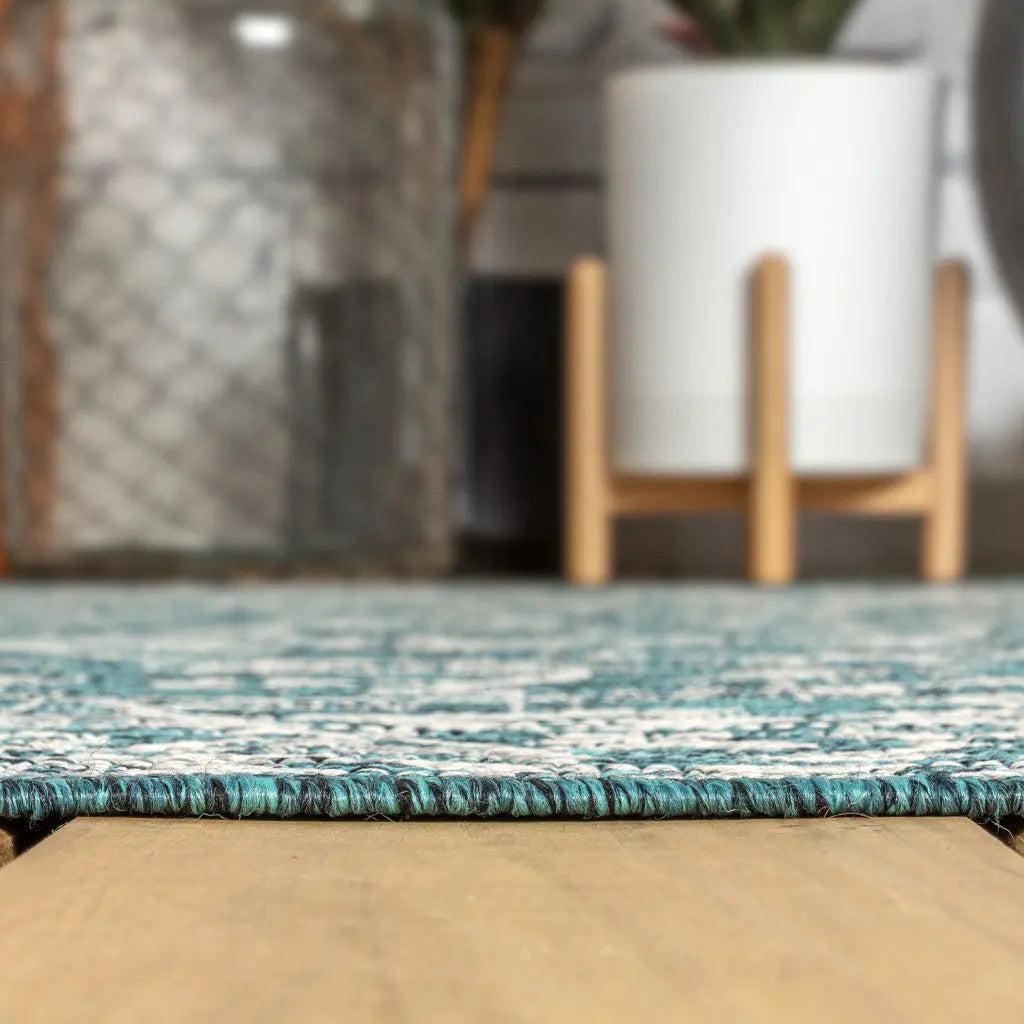 8' Teal Blue And Gray Medallion Indoor Outdoor Runner Rug Homeroots Outdoor