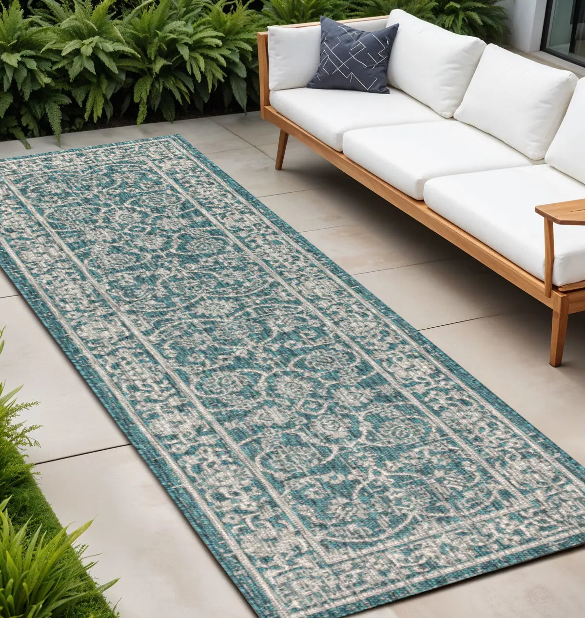 8' Teal Blue And Gray Medallion Indoor Outdoor Runner Rug Homeroots Outdoor