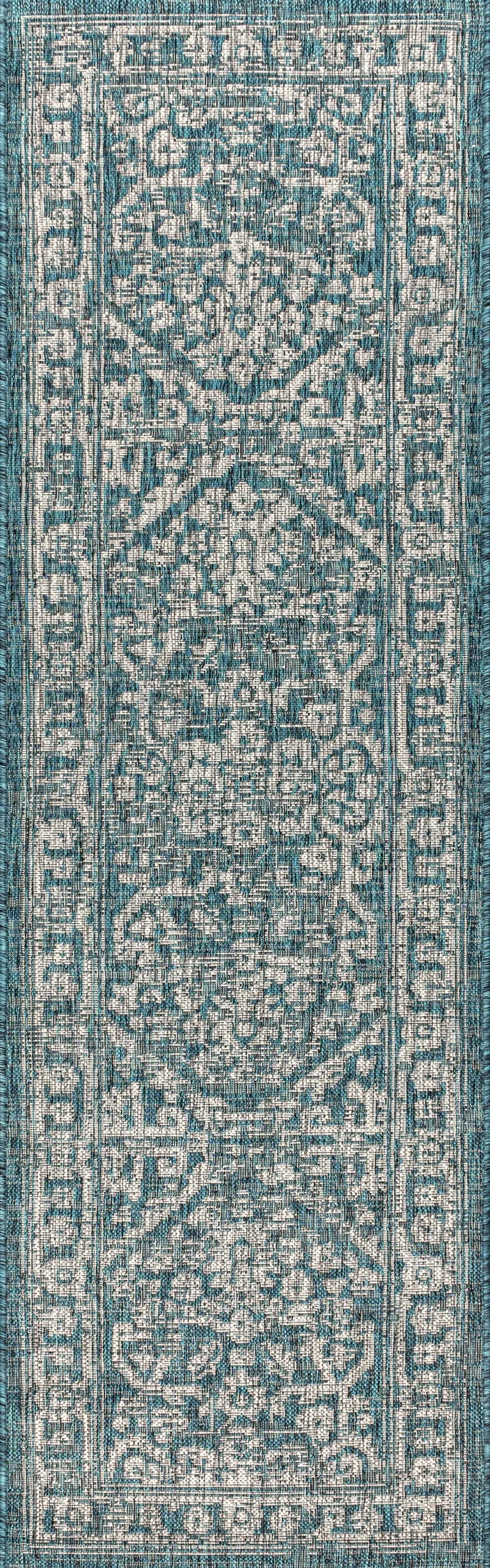 8' Teal Blue And Gray Medallion Indoor Outdoor Runner Rug Homeroots Outdoor