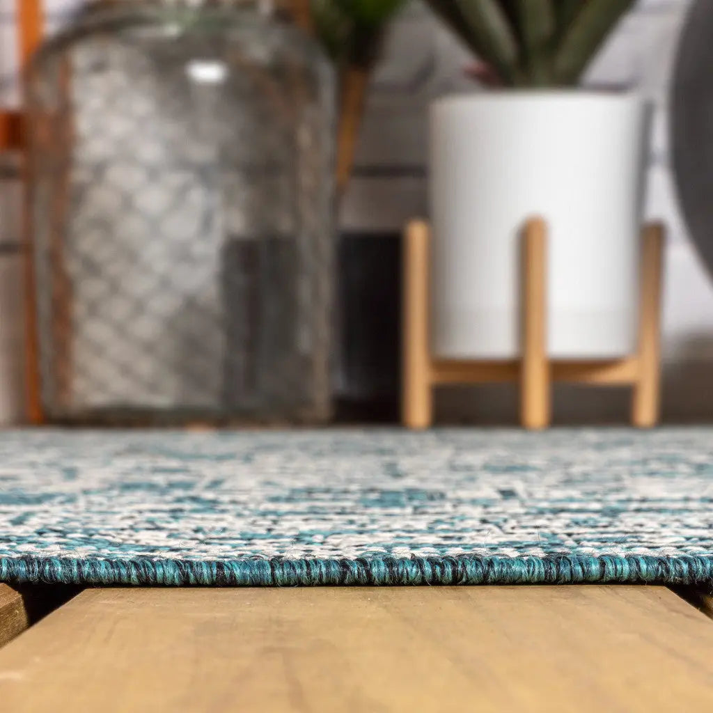 8' Teal Blue And Gray Medallion Indoor Outdoor Runner Rug Homeroots Outdoor