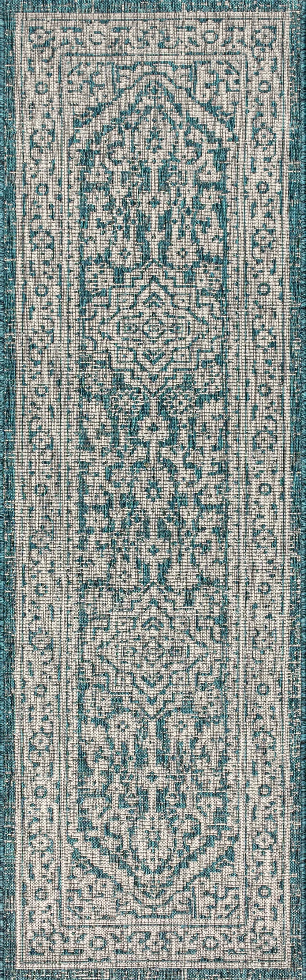 8' Teal Blue And Gray Medallion Indoor Outdoor Runner Rug Homeroots Outdoor