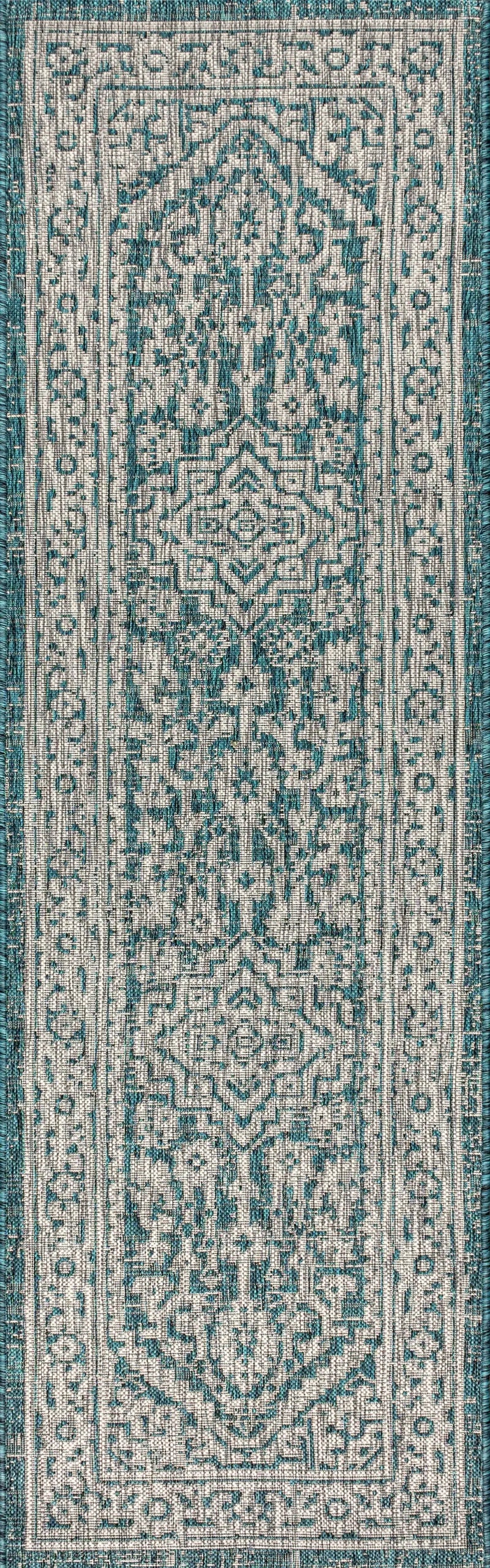 8' Teal Blue And Gray Medallion Indoor Outdoor Runner Rug Homeroots Outdoor