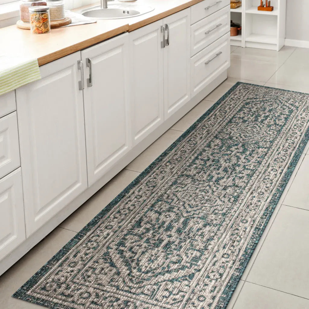 8' Teal Blue And Gray Medallion Indoor Outdoor Runner Rug Homeroots Outdoor