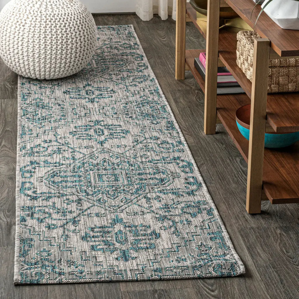 8' Teal Blue And Gray Medallion Indoor Outdoor Runner Rug Homeroots Outdoor