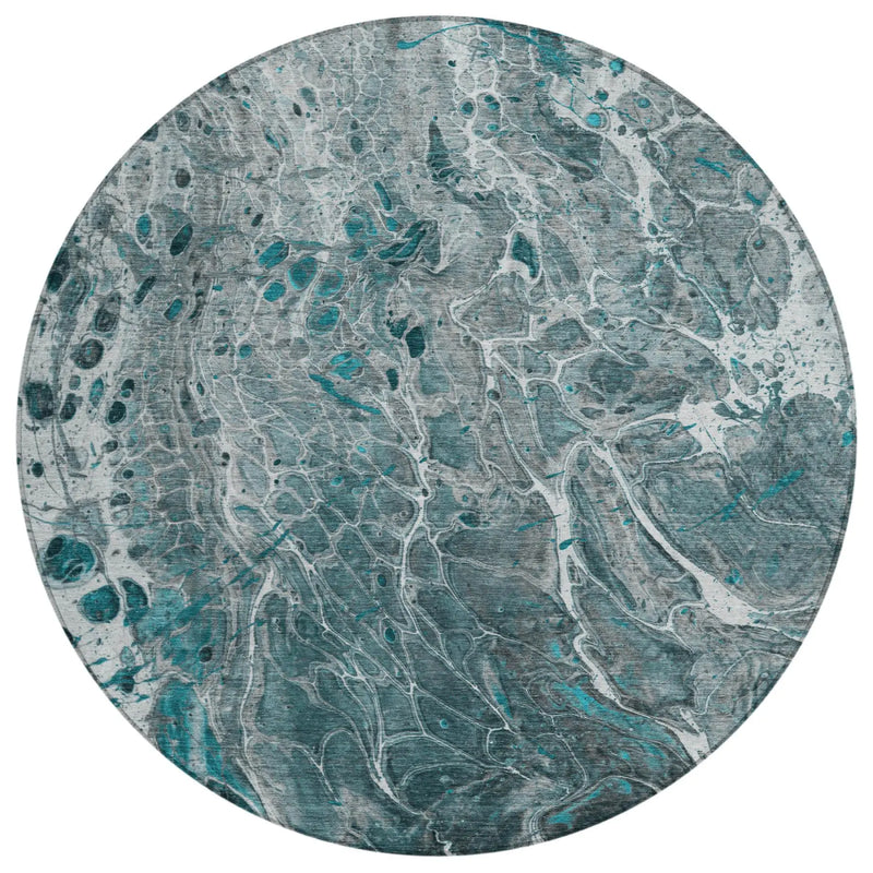 8' Teal Blue And Gray Round Abstract Washable Indoor Outdoor Area Rug Homeroots Outdoor
