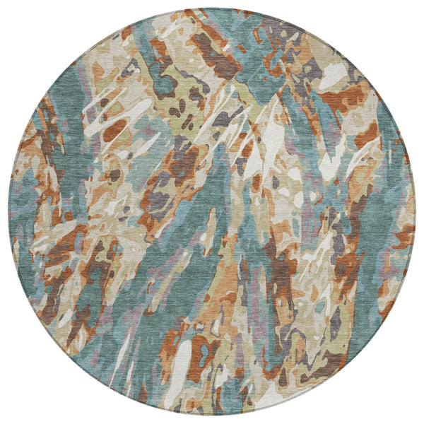 8' Teal Blue And Gray Round Abstract Washable Indoor Outdoor Area Rug Homeroots Outdoor