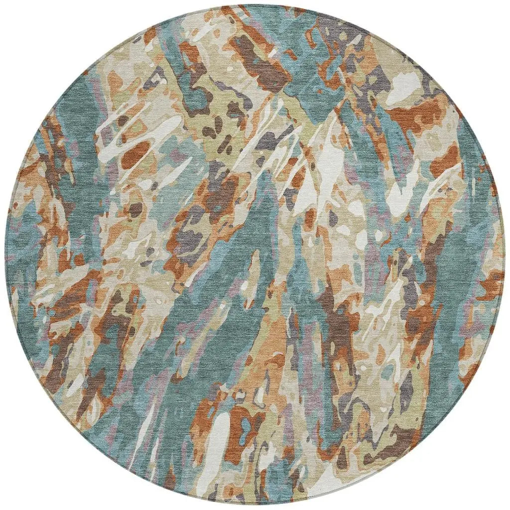 8' Teal Blue And Gray Round Abstract Washable Indoor Outdoor Area Rug Homeroots Outdoor