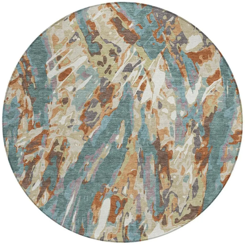 8' Teal Blue And Gray Round Abstract Washable Indoor Outdoor Area Rug Homeroots Outdoor