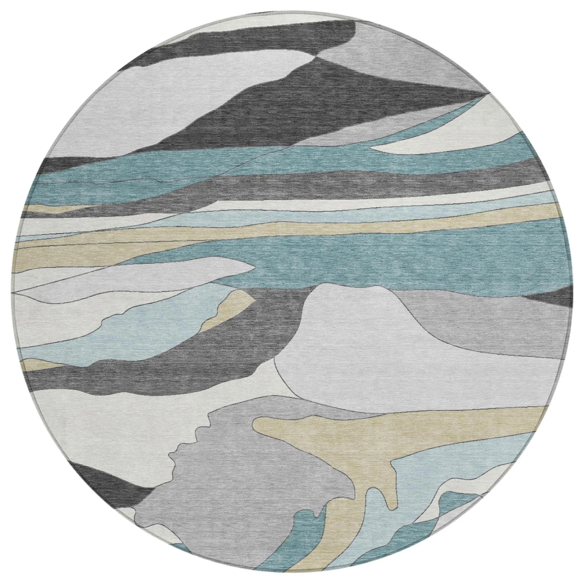 8' Teal Blue And Gray Round Abstract Washable Indoor Outdoor Area Rug Homeroots Outdoor