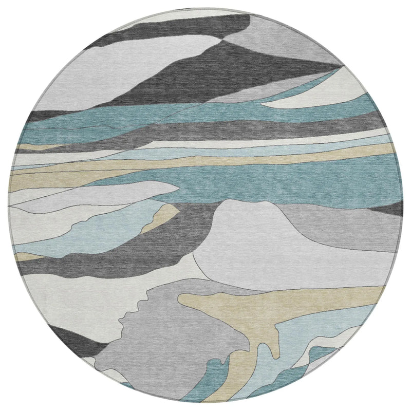 8' Teal Blue And Gray Round Abstract Washable Indoor Outdoor Area Rug Homeroots Outdoor