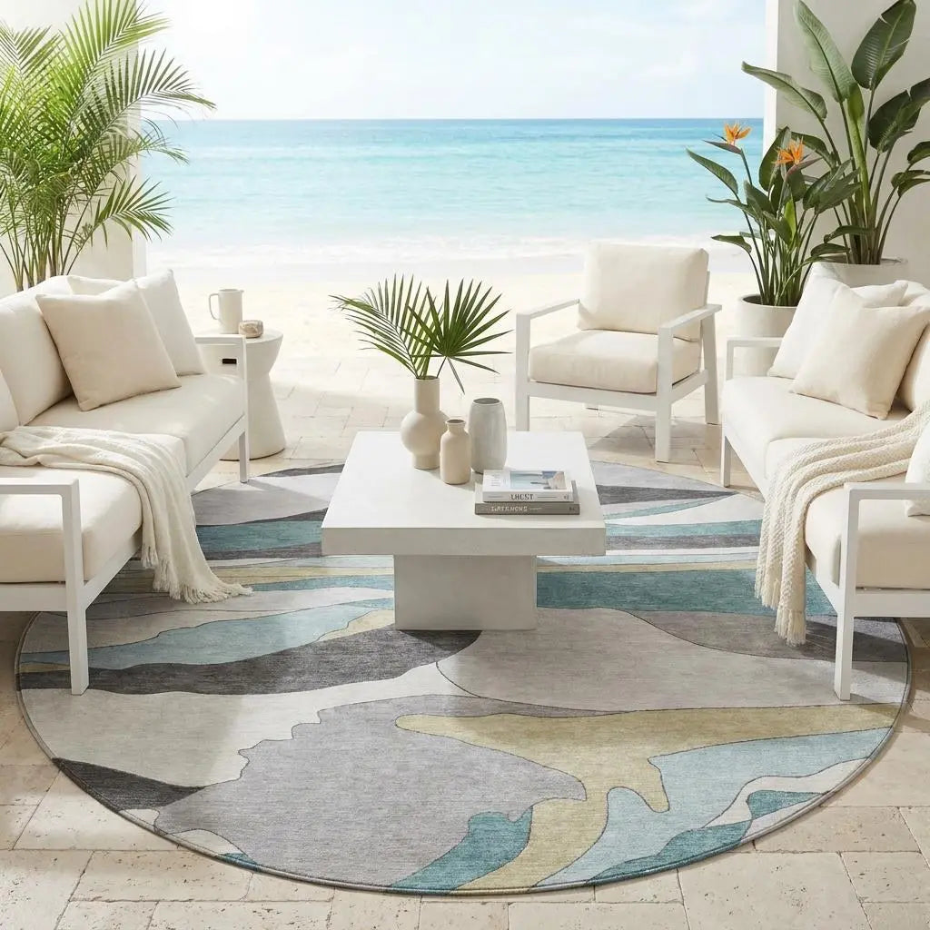 8' Teal Blue And Gray Round Abstract Washable Indoor Outdoor Area Rug Homeroots Outdoor