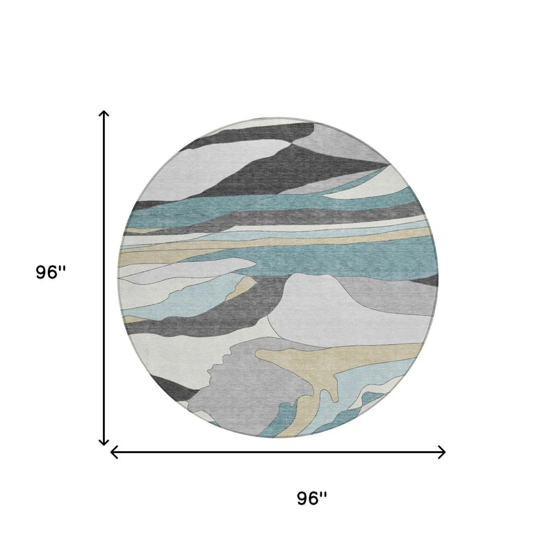 8' Teal Blue And Gray Round Abstract Washable Indoor Outdoor Area Rug Homeroots Outdoor