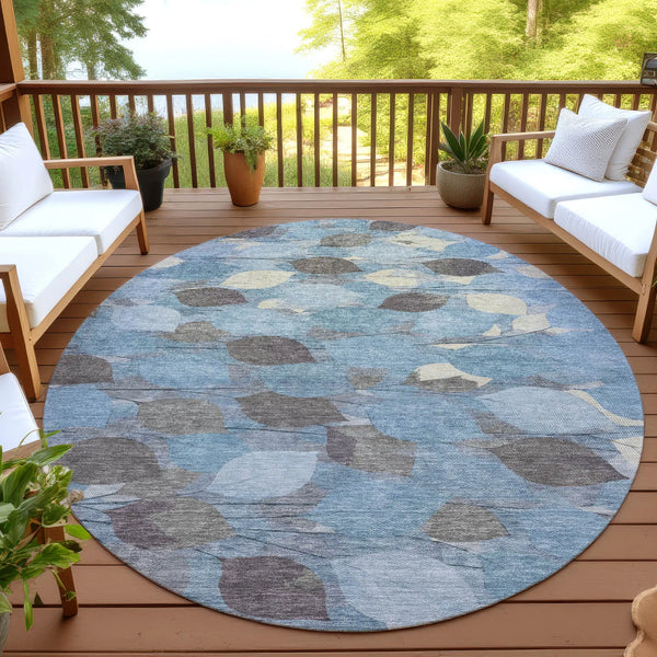 8' Teal Blue And Gray Round Floral Washable Indoor Outdoor Area Rug Homeroots Outdoor