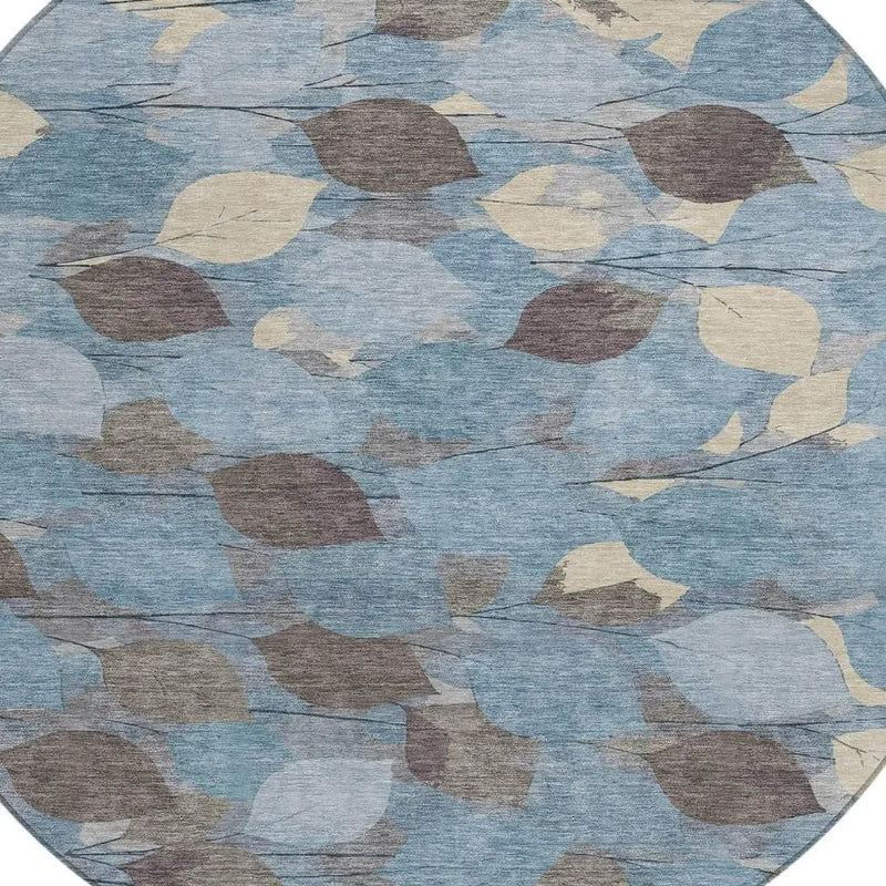 8' Teal Blue And Gray Round Floral Washable Indoor Outdoor Area Rug Homeroots Outdoor