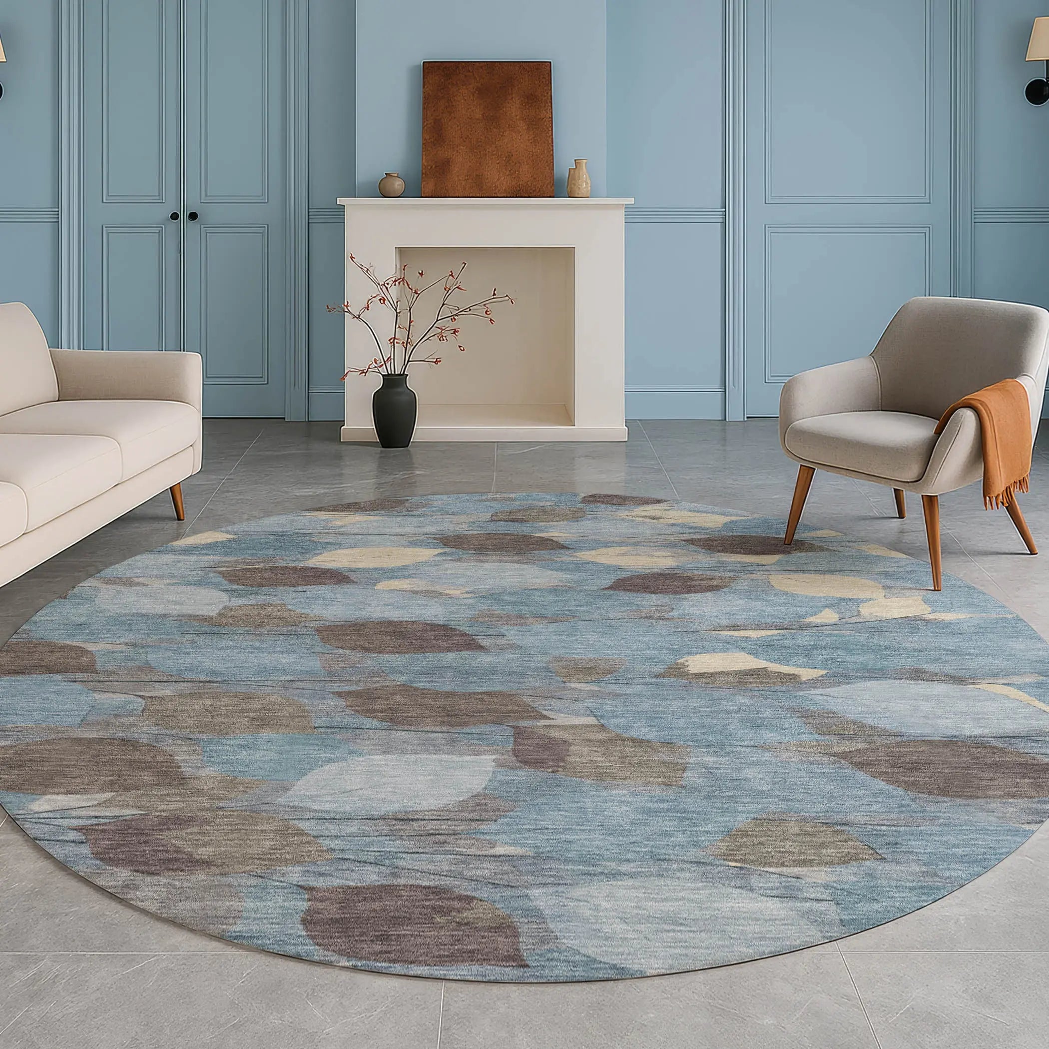 8' Teal Blue And Gray Round Floral Washable Indoor Outdoor Area Rug Homeroots Outdoor