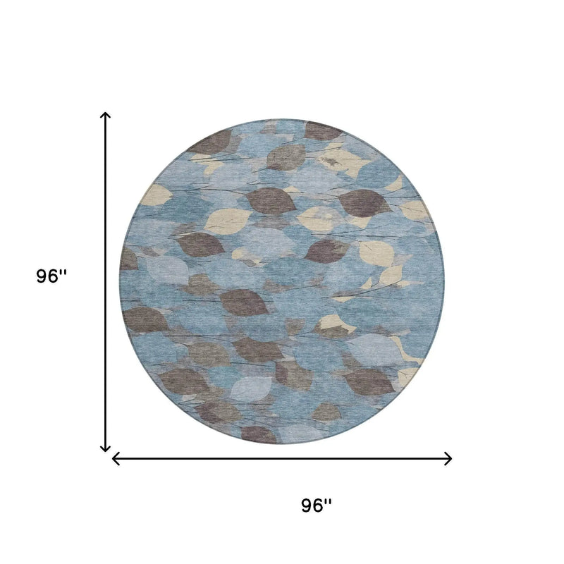 8' Teal Blue And Gray Round Floral Washable Indoor Outdoor Area Rug Homeroots Outdoor