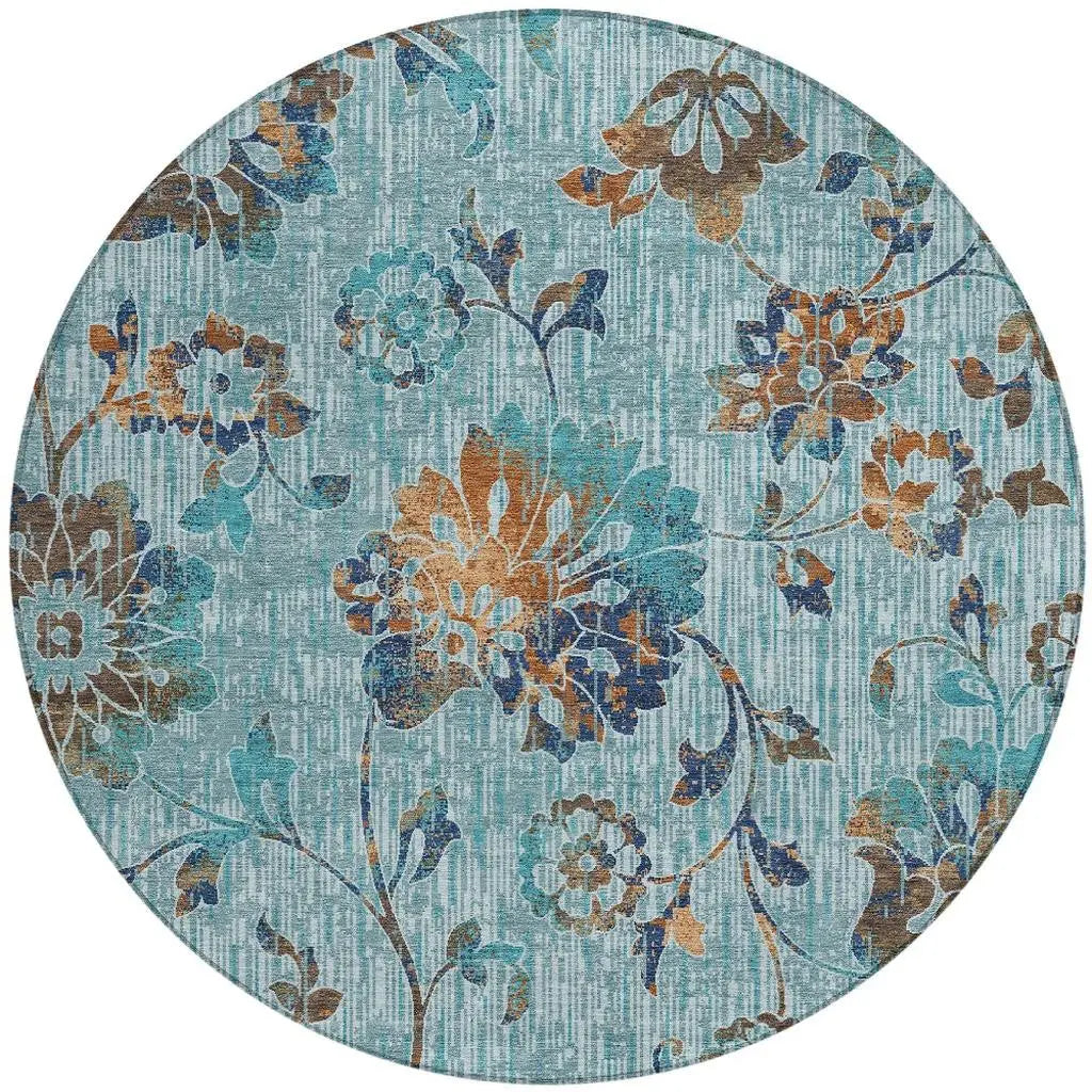 8' Teal Blue And Gray Round Floral Washable Indoor Outdoor Area Rug Homeroots Outdoor